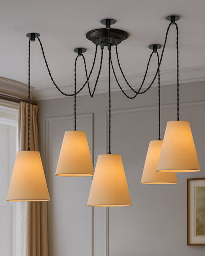 3 Arms Spider Chandelier Lamp, Fabric Cone Shade, Vintage Edison Style E 27 Adjustable DIY Ceiling Pendant Light, E27 Rustic Cluster Hanging Light(1.25 M, Black Twisted Wire)