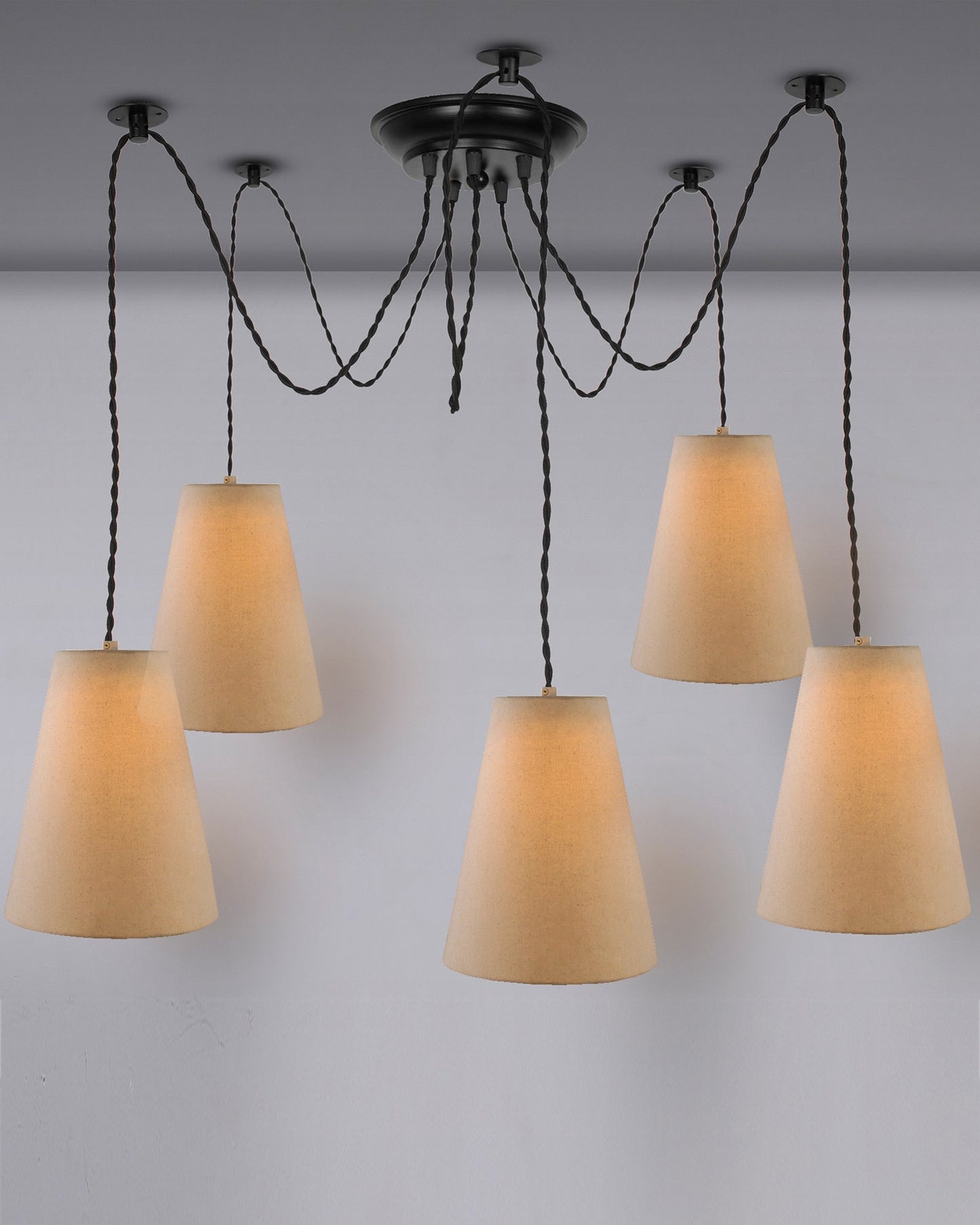 3 Arms Spider Chandelier Lamp, Fabric Cone Shade, Vintage Edison Style E 27 Adjustable DIY Ceiling Pendant Light, E27 Rustic Cluster Hanging Light(1.25 M, Black Twisted Wire)