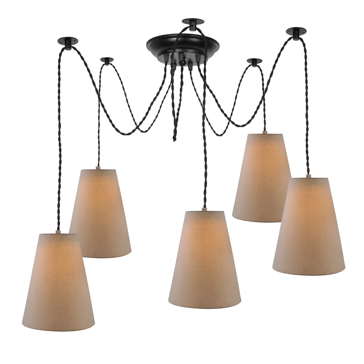 3 Arms Spider Chandelier Lamp, Fabric Cone Shade, Vintage Edison Style E 27 Adjustable DIY Ceiling Pendant Light, E27 Rustic Cluster Hanging Light(1.25 M, Black Twisted Wire)