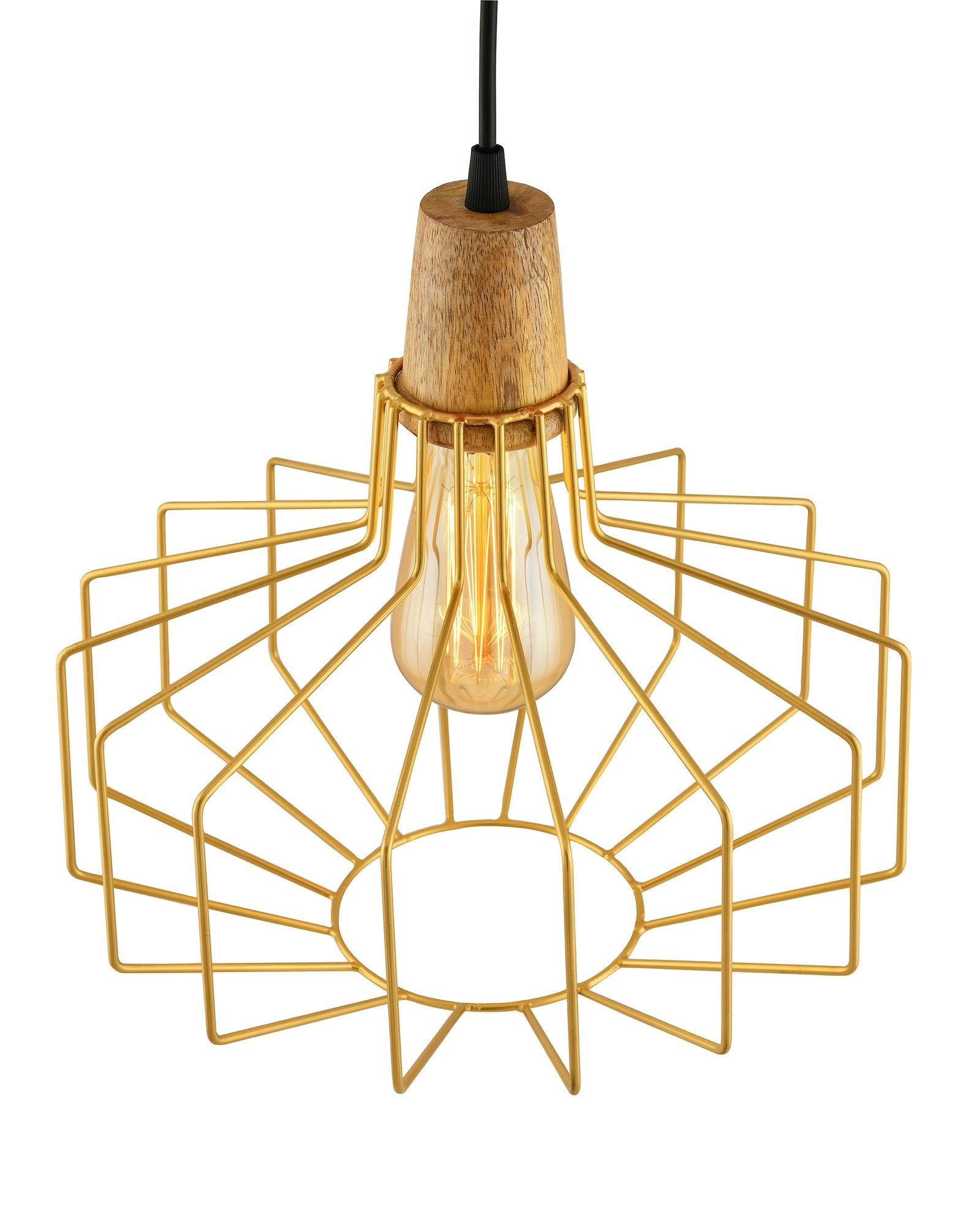 Industrial Loft Golden Metal Pitcher Cage Wood Art Pendant, Hanging Ceiling Lights, Edison Vintage light