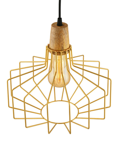 Industrial Loft Golden Metal Pitcher Cage Wood Art Pendant, Hanging Ceiling Lights, Edison Vintage light
