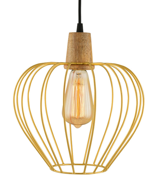 Industrial Loft Golden Metal Chimney Cage Wood Art Pendant, Hanging Ceiling Lights, Edison Vintage light