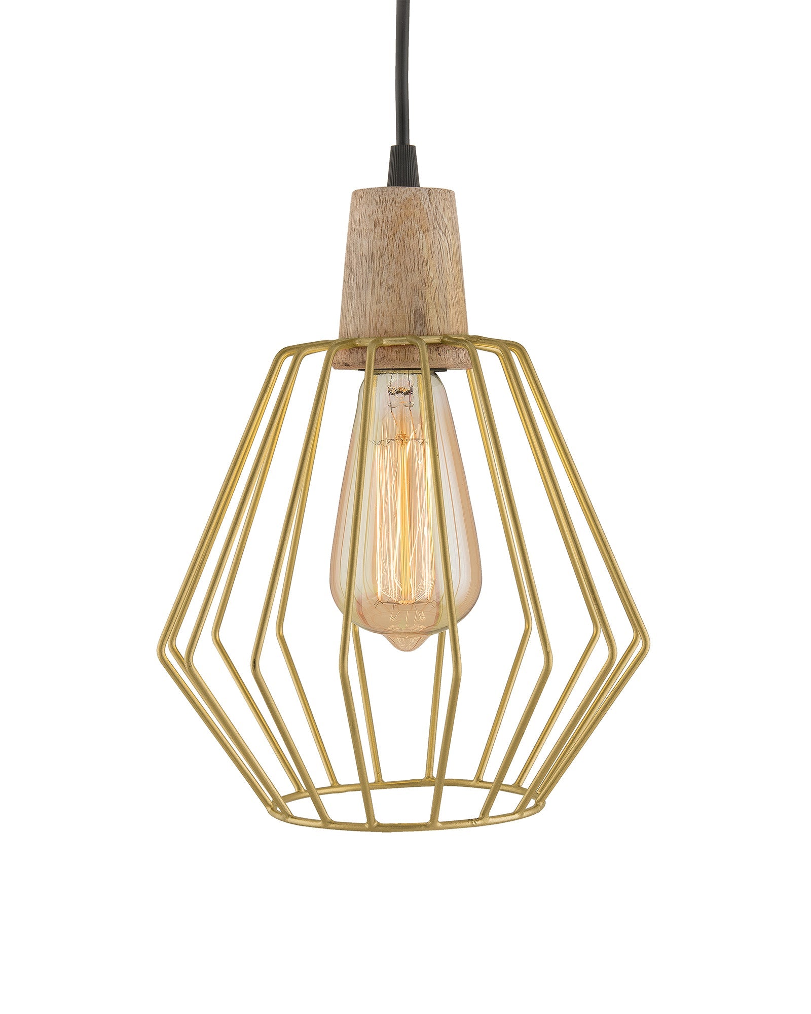 Industrial Loft Golden Metal Cubist Cage Wood Art Pendant, Hanging Ceiling Lights, Edison Vintage light