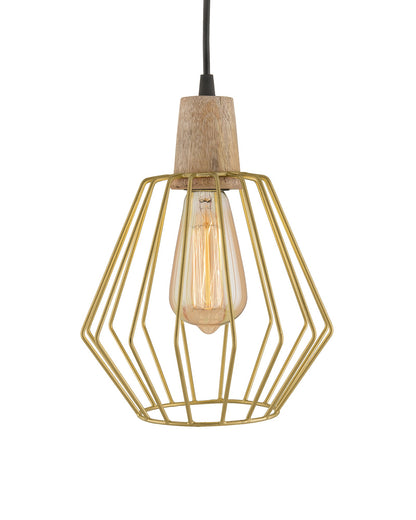 Industrial Loft Golden Metal Cubist Cage Wood Art Pendant, Hanging Ceiling Lights, Edison Vintage light