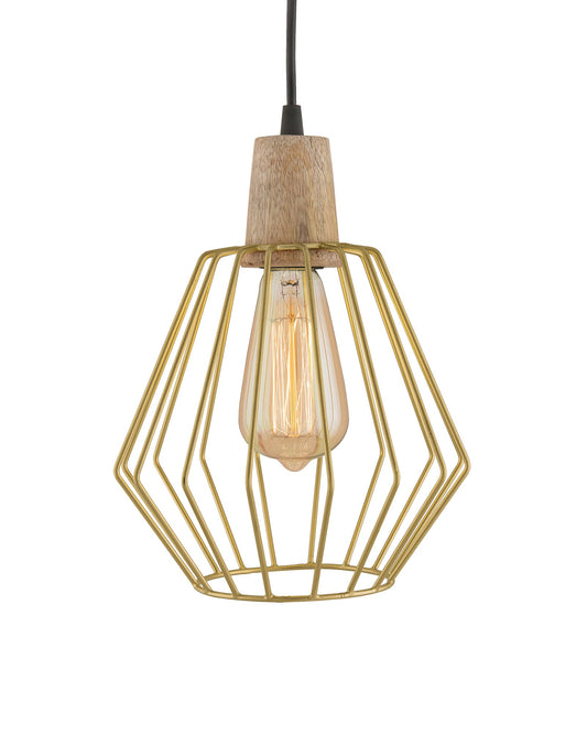 Industrial Loft Golden Metal Cubist Cage Wood Art Pendant, Hanging Ceiling Lights, Edison Vintage light