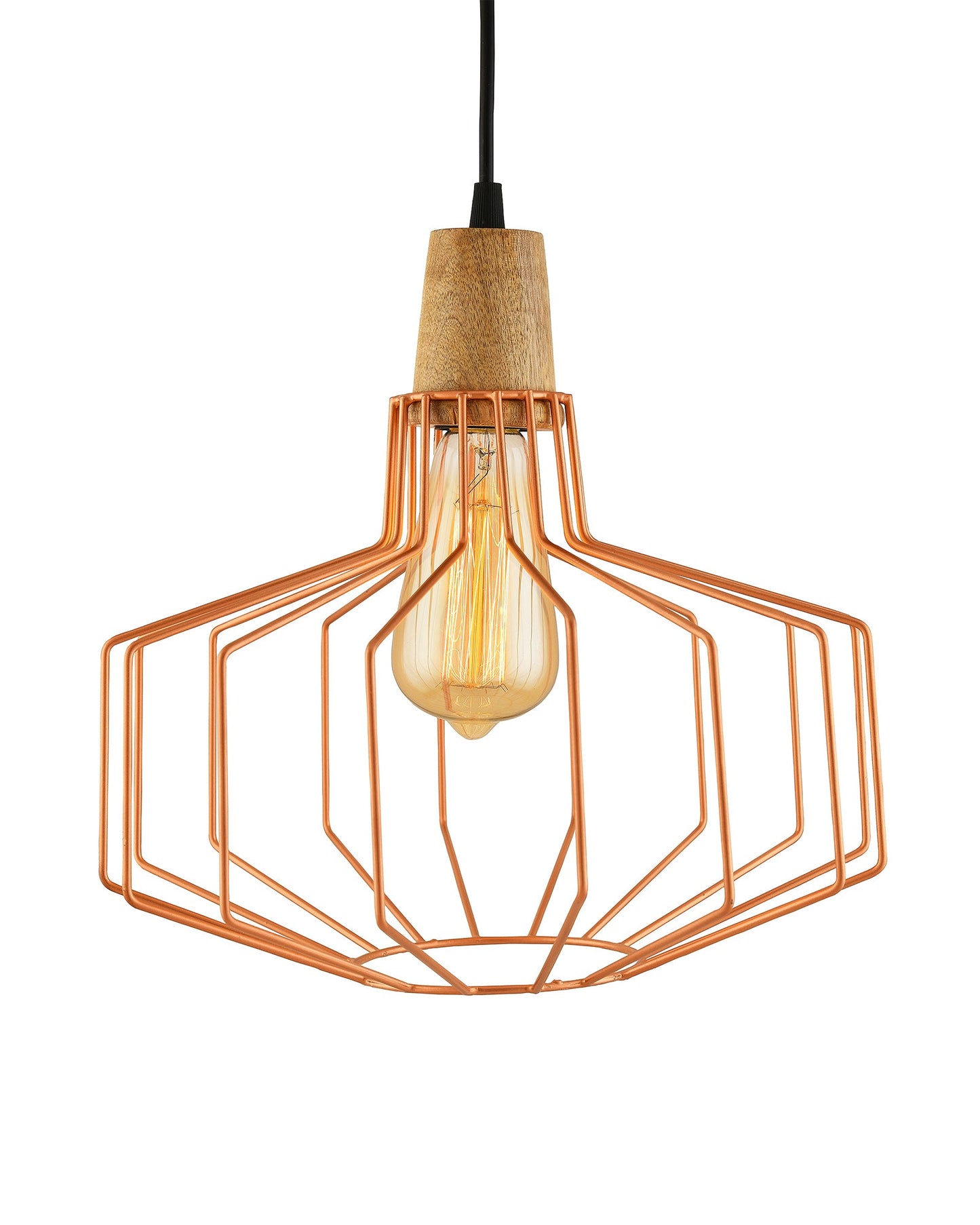 Industrial Loft Copper Metal Pitcher Cage Wood Art Pendant, Hanging Ceiling Lights, Edison Vintage light