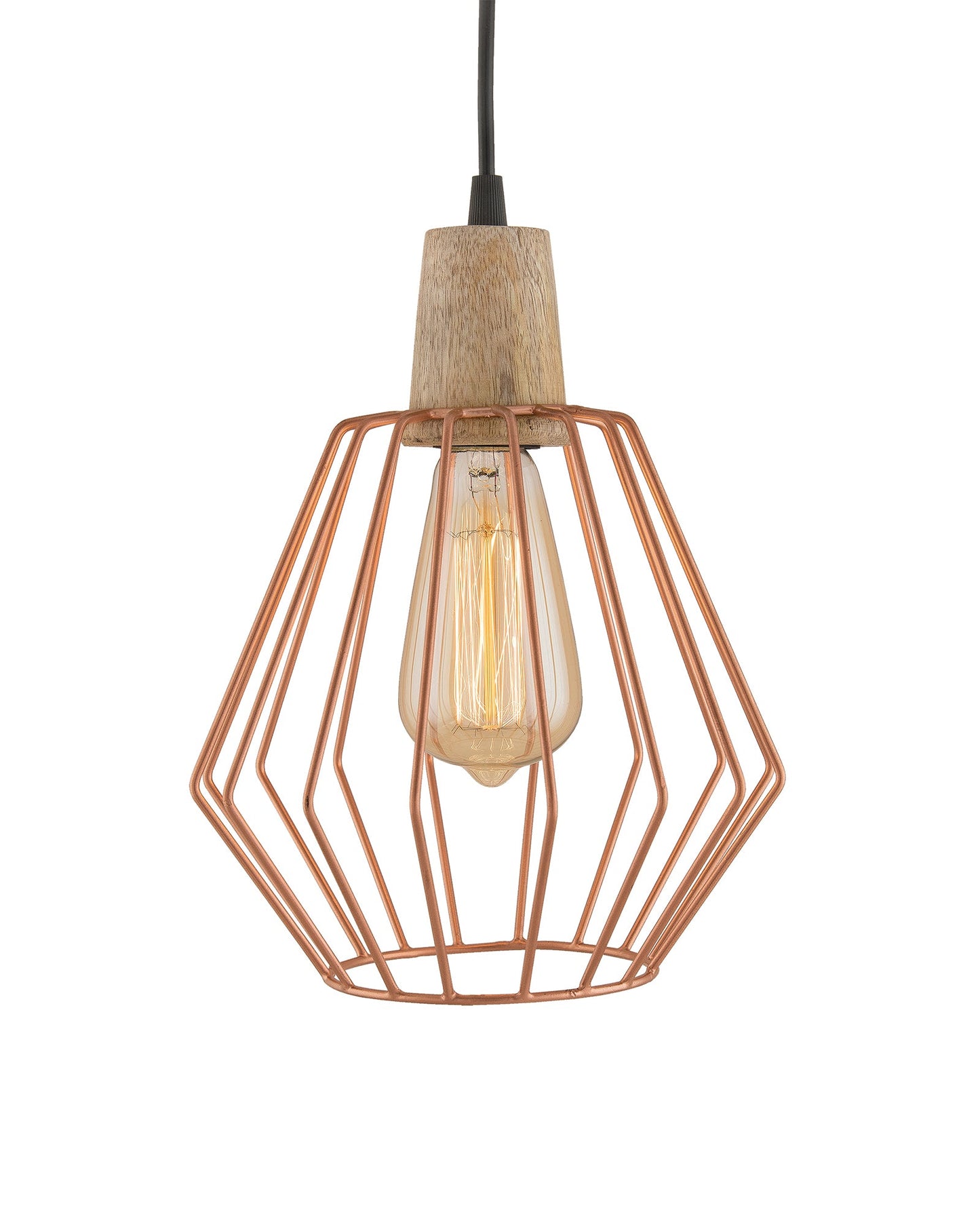 Industrial Loft Copper Metal Cubist Cage Wood Art Pendant, Hanging Ceiling Lights, Edison Vintage light
