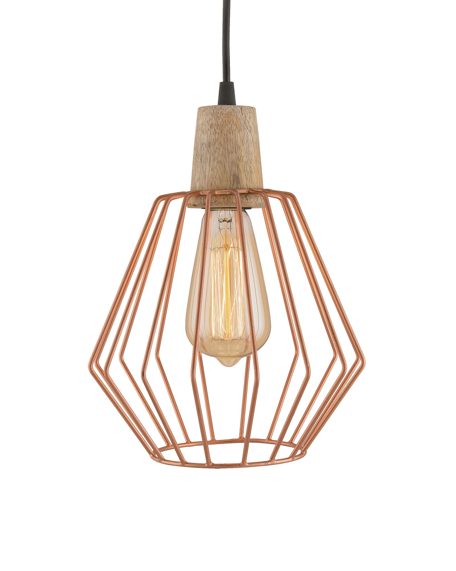 Industrial Loft Copper Metal Cubist Cage Wood Art Pendant, Hanging Ceiling Lights, Edison Vintage light