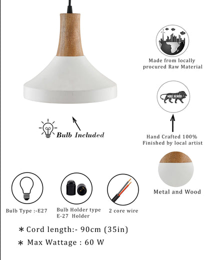 Parker Metal Wood Pendant Light, White Metal Natural Hanging Ceiling Light