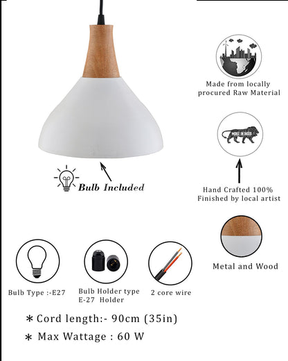Nate Metal Wood Pendant Light, White Metal Natural Hanging Ceiling Light