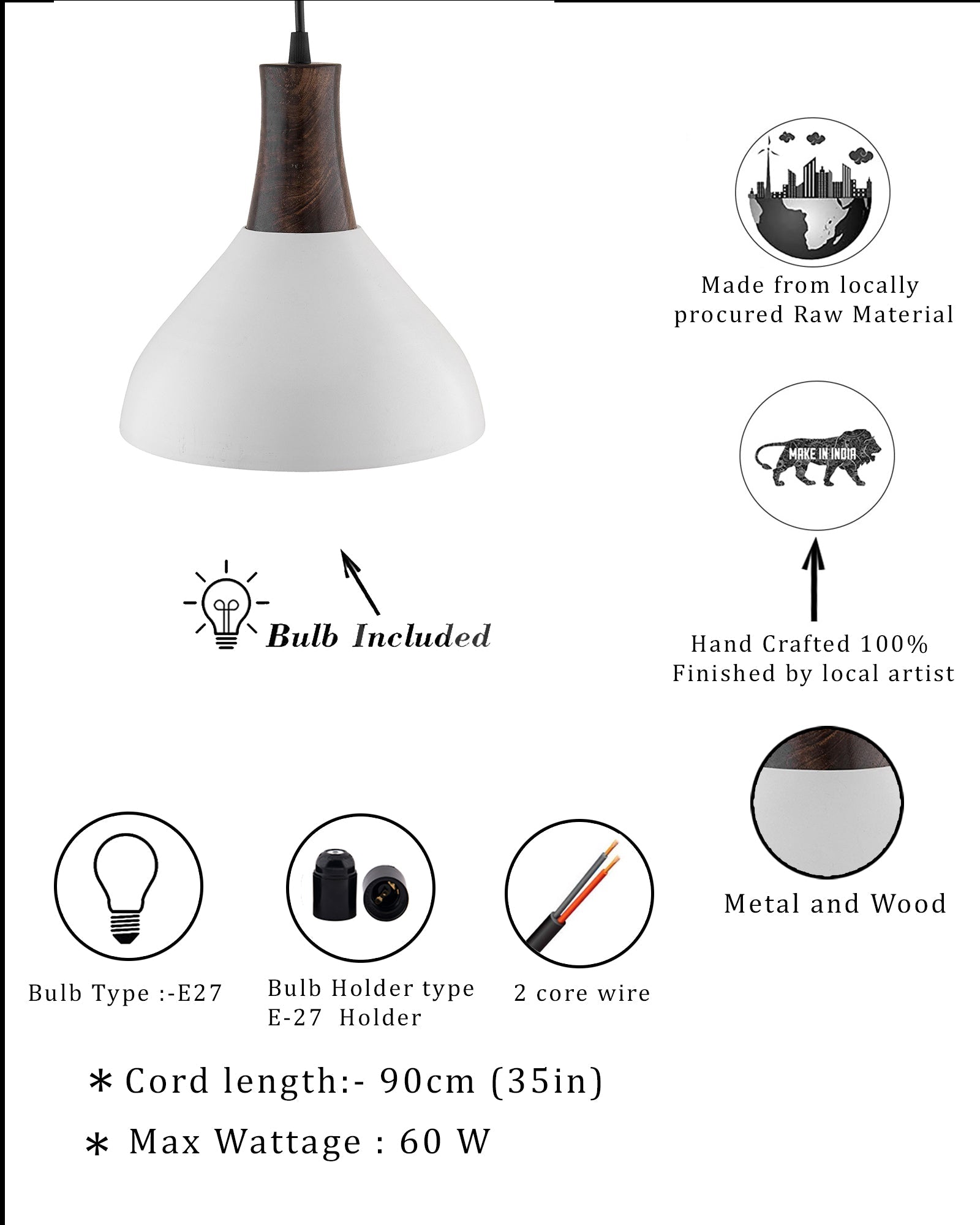 Nate Metal Wood Pendant Light, White Metal Antique Black Hanging Ceiling Light