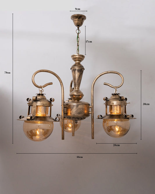 3-Light Oil Rubbed Antique Bronze Vintage Edison Chandelier, Glass Metal Jhoomar, Globe