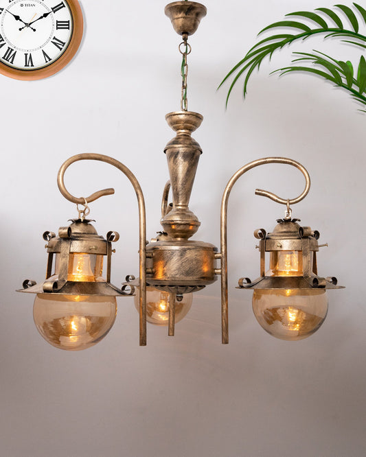 3-Light Oil Rubbed Antique Bronze Vintage Edison Chandelier, Glass Metal Jhoomar, Globe