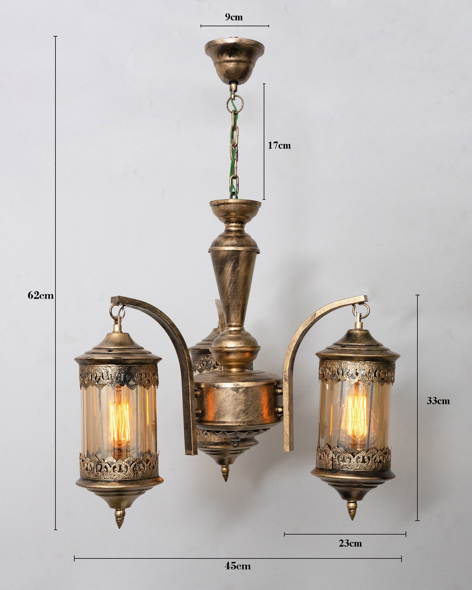 3-Light Oil Rubbed Antique Bronze Vintage Edison Chandelier, Glass Metal Jhoomar, Carving Cylinder
