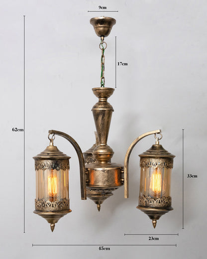 3-Light Oil Rubbed Antique Bronze Vintage Edison Chandelier, Glass Metal Jhoomar, Carving Cylinder