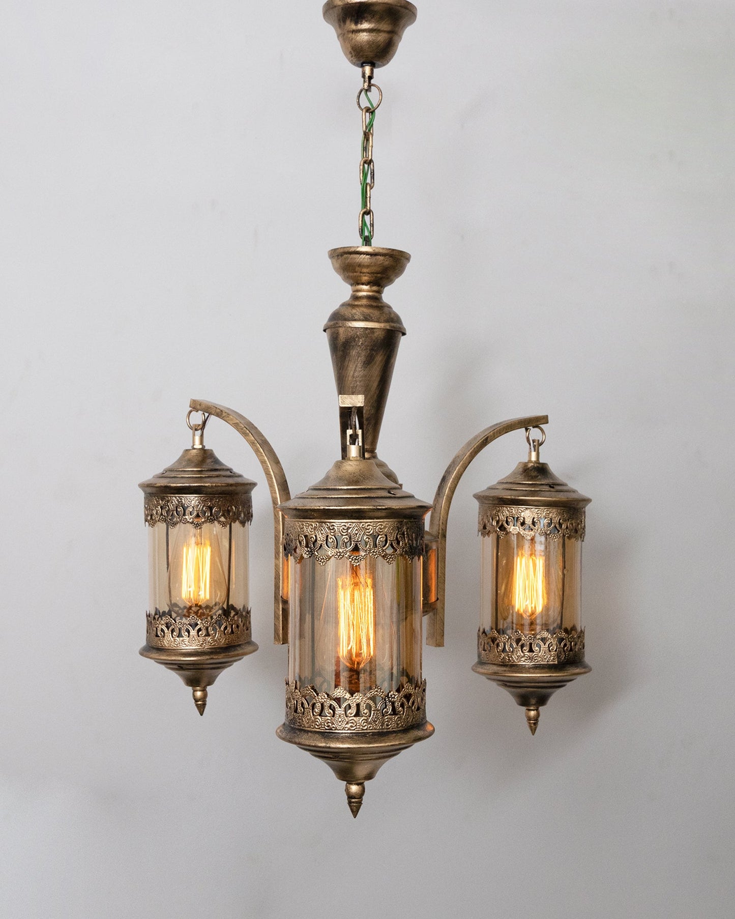 3-Light Oil Rubbed Antique Bronze Vintage Edison Chandelier, Glass Metal Jhoomar, Carving Cylinder