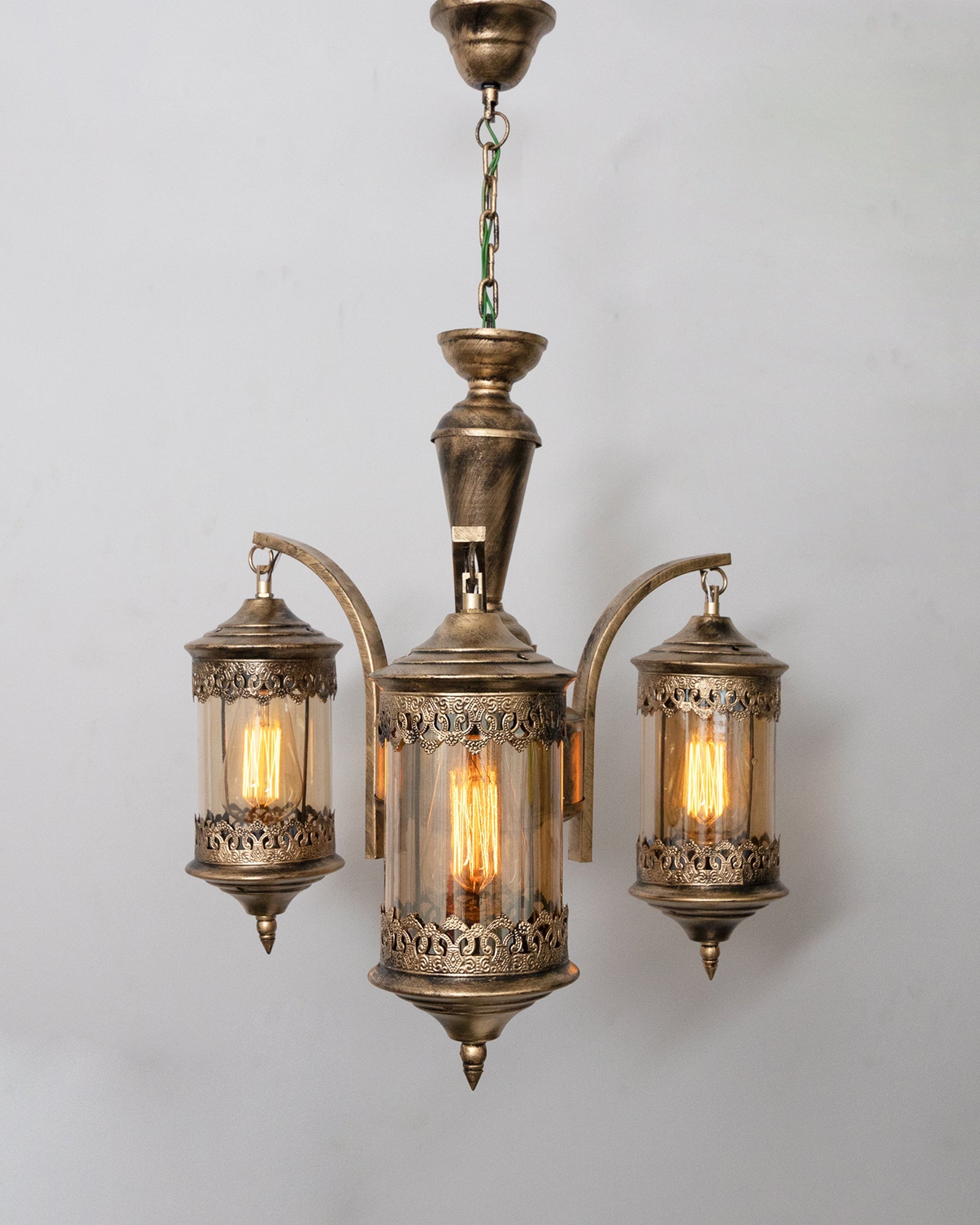 3-Light Oil Rubbed Antique Bronze Vintage Edison Chandelier, Glass Metal Jhoomar, Carving Cylinder