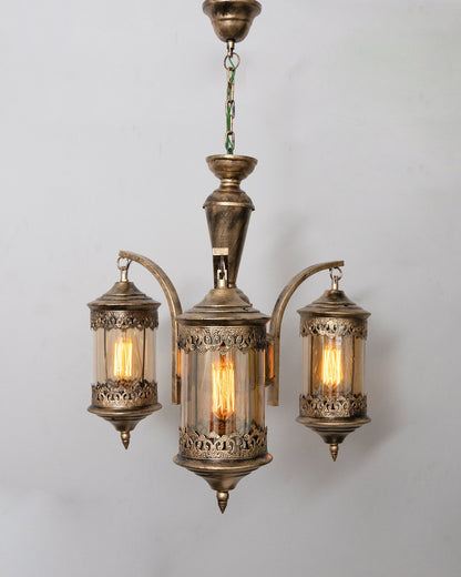 3-Light Oil Rubbed Antique Bronze Vintage Edison Chandelier, Glass Metal Jhoomar, Carving Cylinder