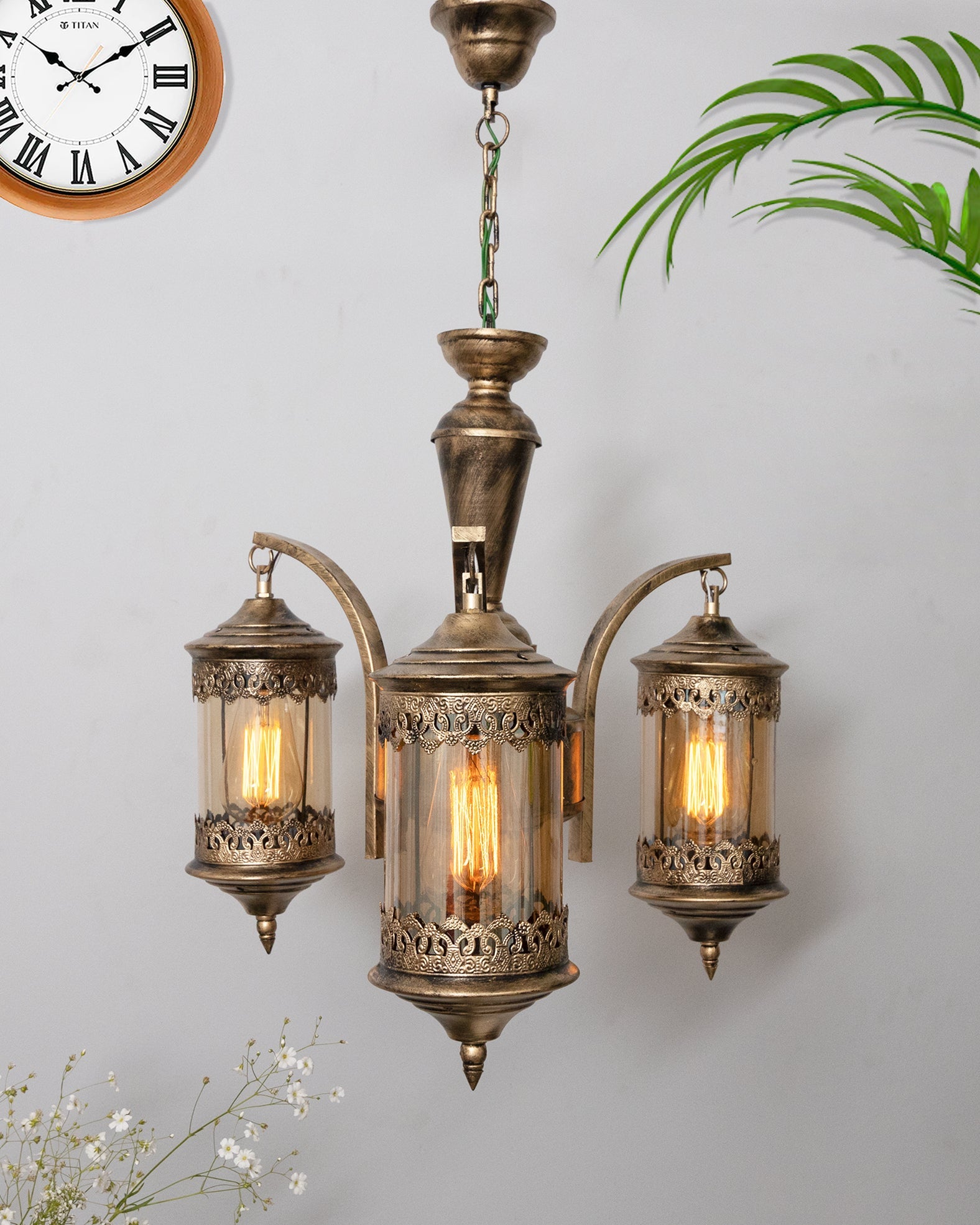 3-Light Oil Rubbed Antique Bronze Vintage Edison Chandelier, Glass Metal Jhoomar, Carving Cylinder