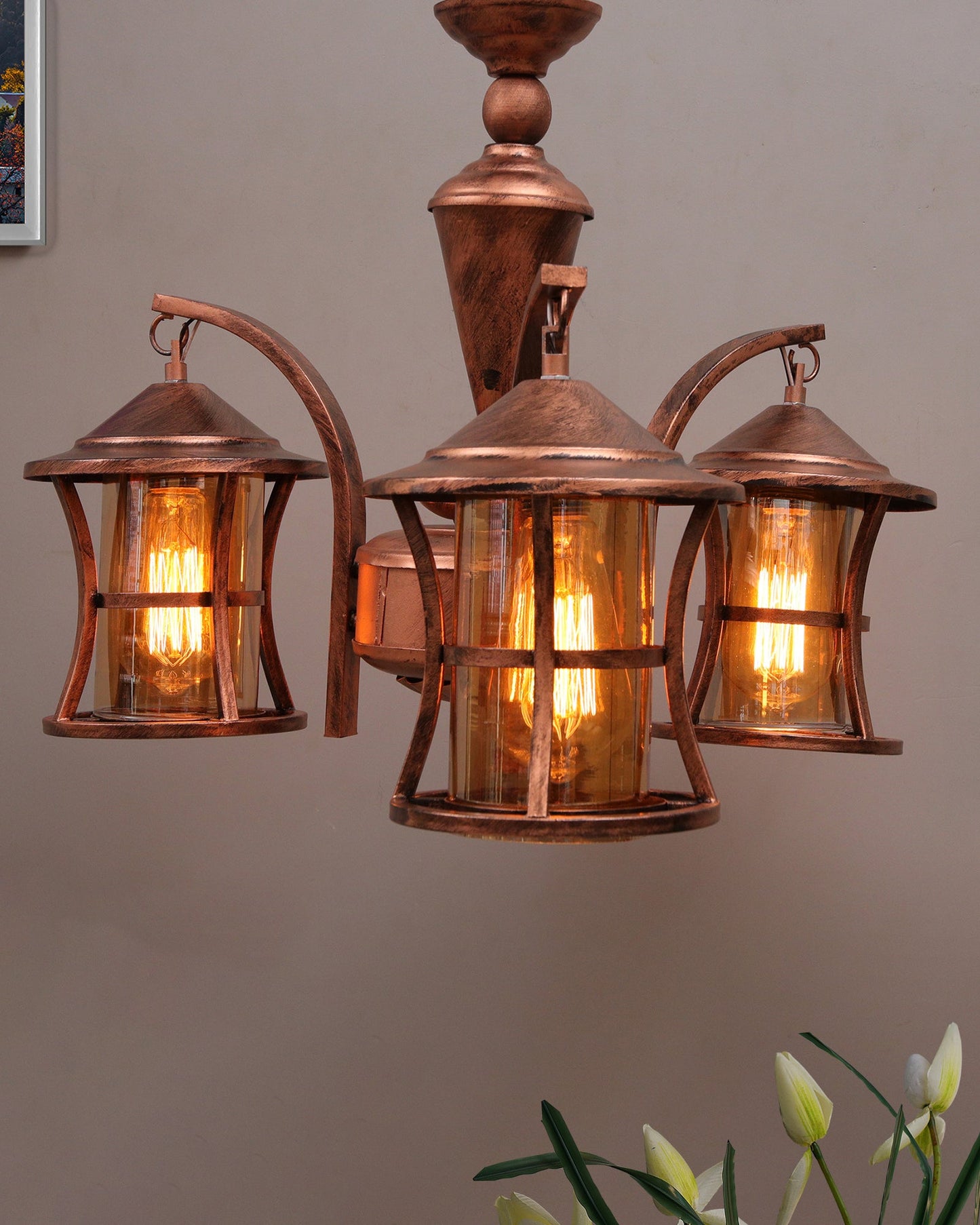 3-Light Oil Rubbed Antique Bronze Vintage Edison Chandelier, Glass Metal Jhoomar, Carving Cylinder