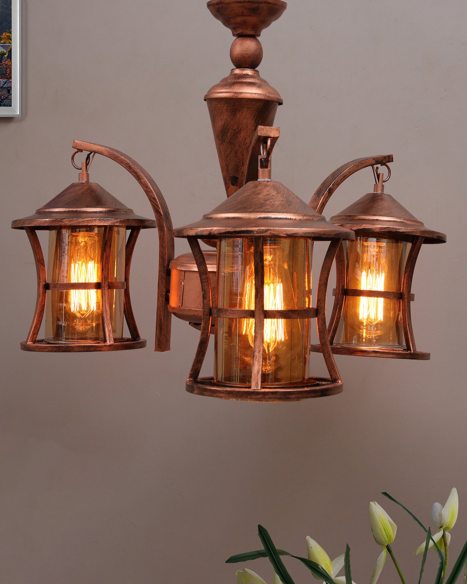 3-Light Oil Rubbed Antique Bronze Vintage Edison Chandelier, Glass Metal Jhoomar, Carving Cylinder