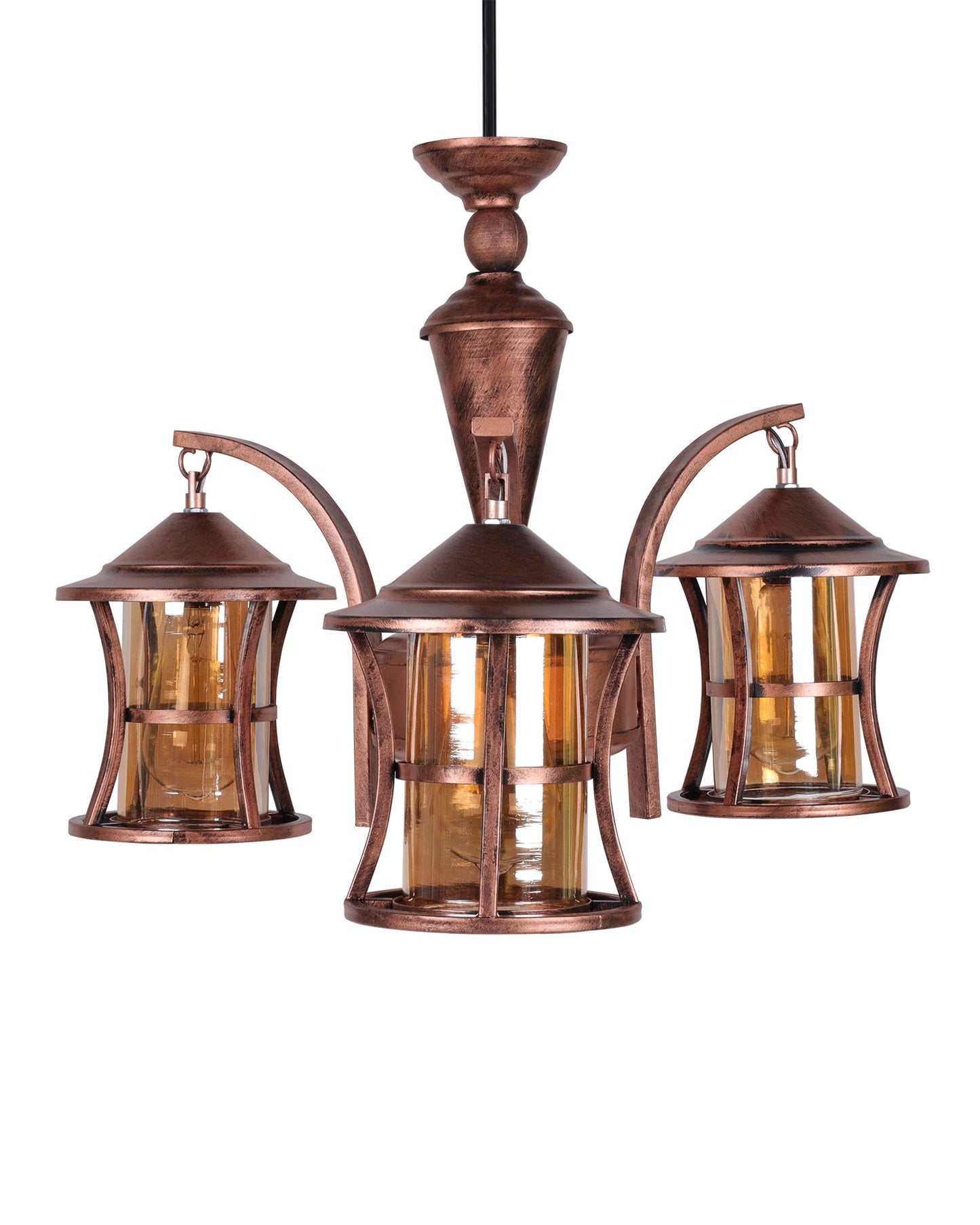 3-Light Oil Rubbed Antique Bronze Vintage Edison Chandelier, Glass Metal Jhoomar, Carving Cylinder