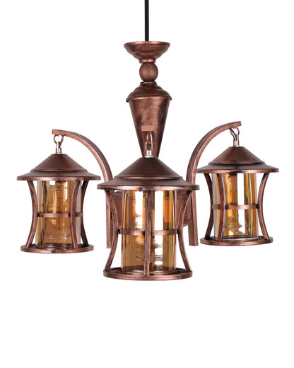 3-Light Oil Rubbed Antique Bronze Vintage Edison Chandelier, Glass Metal Jhoomar, Carving Cylinder
