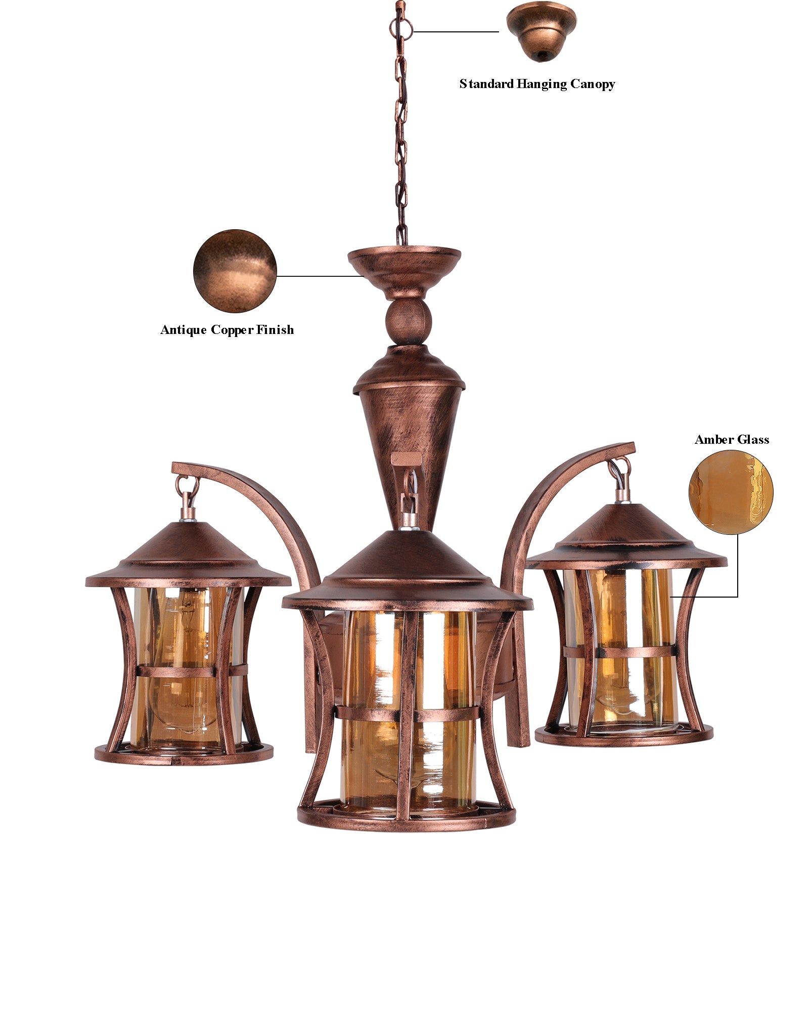 3-Light Oil Rubbed Antique Bronze Vintage Edison Chandelier, Glass Metal Jhoomar, Carving Cylinder