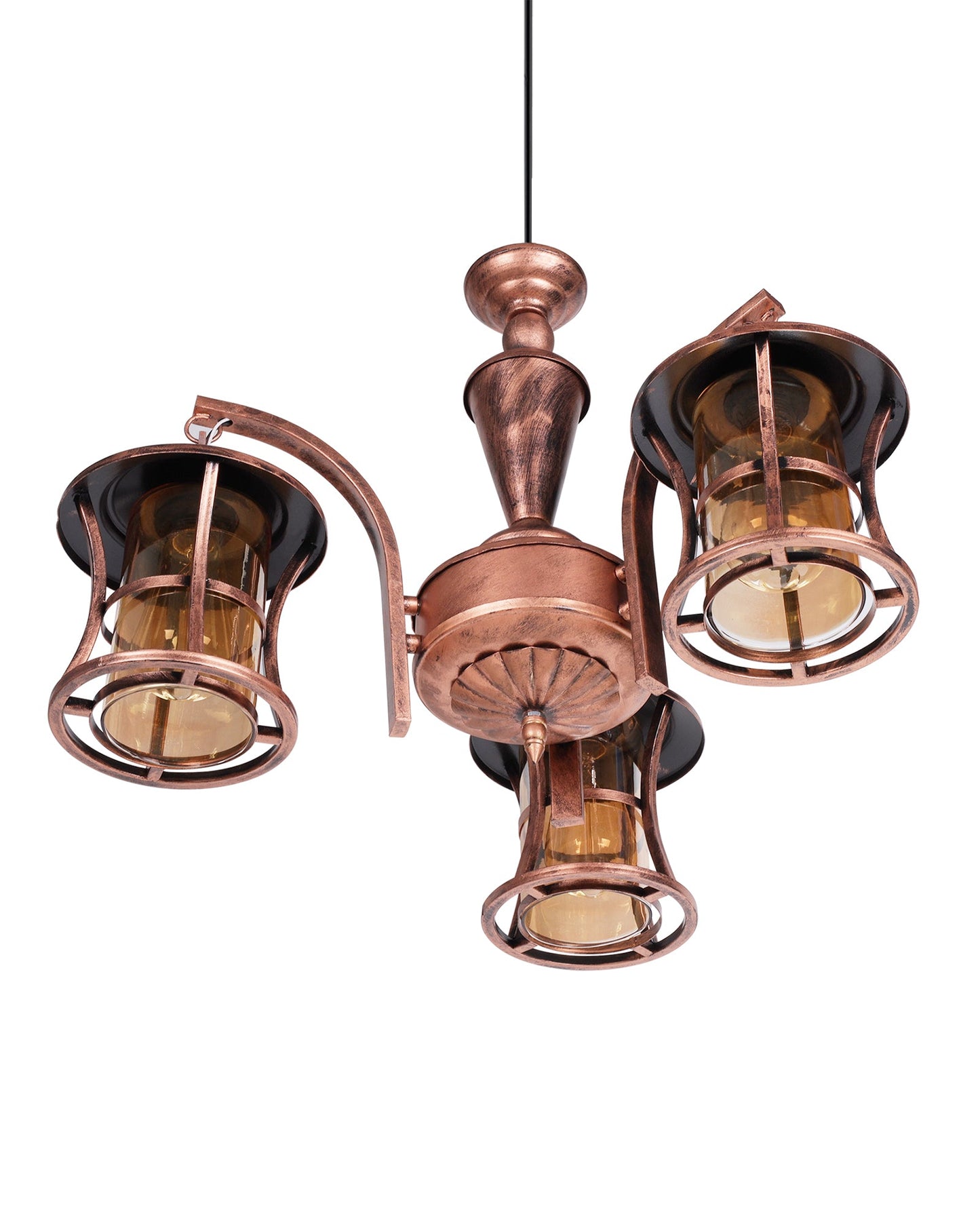 3-Light Oil Rubbed Antique Bronze Vintage Edison Chandelier, Glass Metal Jhoomar, Carving Cylinder