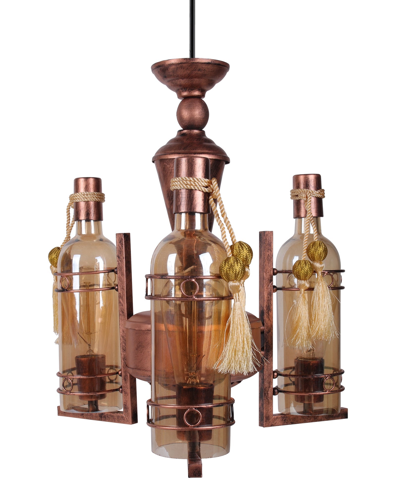 3-Light Oil Rubbed Antique Copper Rust Vintage Edison Chandelier, Glass Metal Jhoomar, Bottle