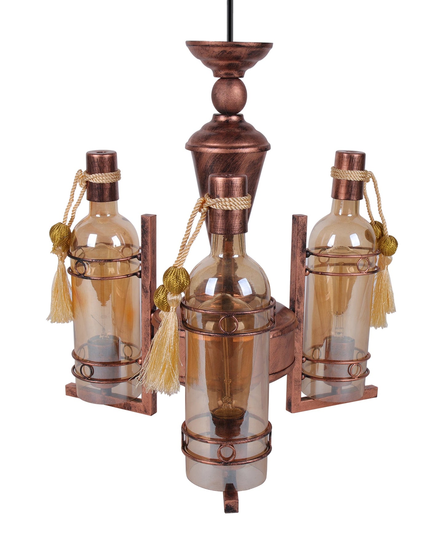 3-Light Oil Rubbed Antique Copper Rust Vintage Edison Chandelier, Glass Metal Jhoomar, Bottle