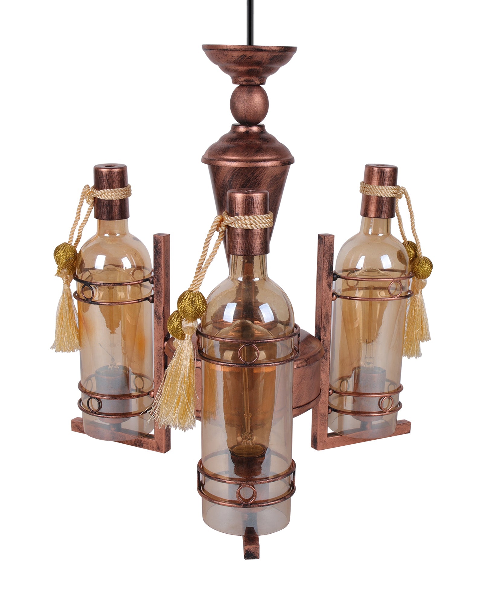 3-Light Oil Rubbed Antique Copper Rust Vintage Edison Chandelier, Glass Metal Jhoomar, Bottle