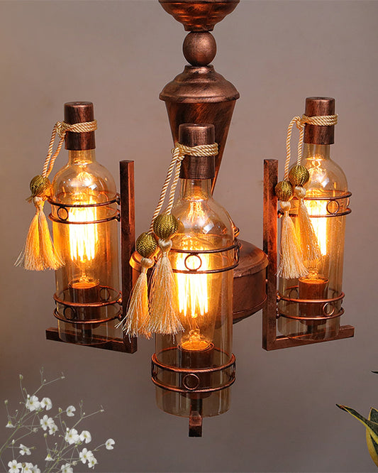 3-Light Oil Rubbed Antique Copper Rust Vintage Edison Chandelier, Glass Metal Jhoomar, Bottle
