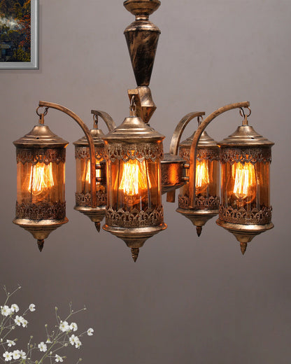 5-Light Oil Rubbed Antique Bronze Vintage Edison Chandelier, Glass Metal Jhoomar, Carving Cylinder