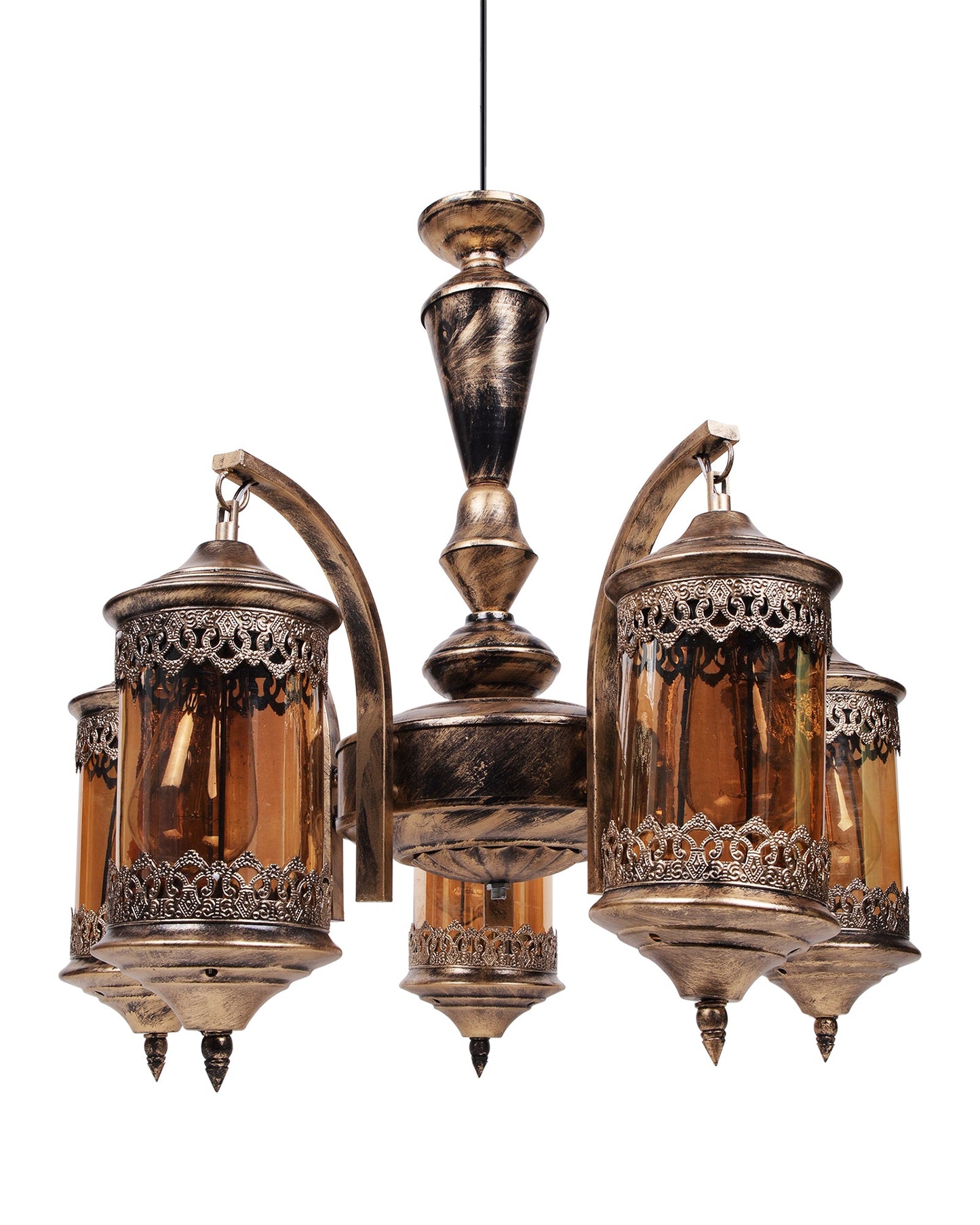 5-Light Oil Rubbed Antique Bronze Vintage Edison Chandelier, Glass Metal Jhoomar, Carving Cylinder