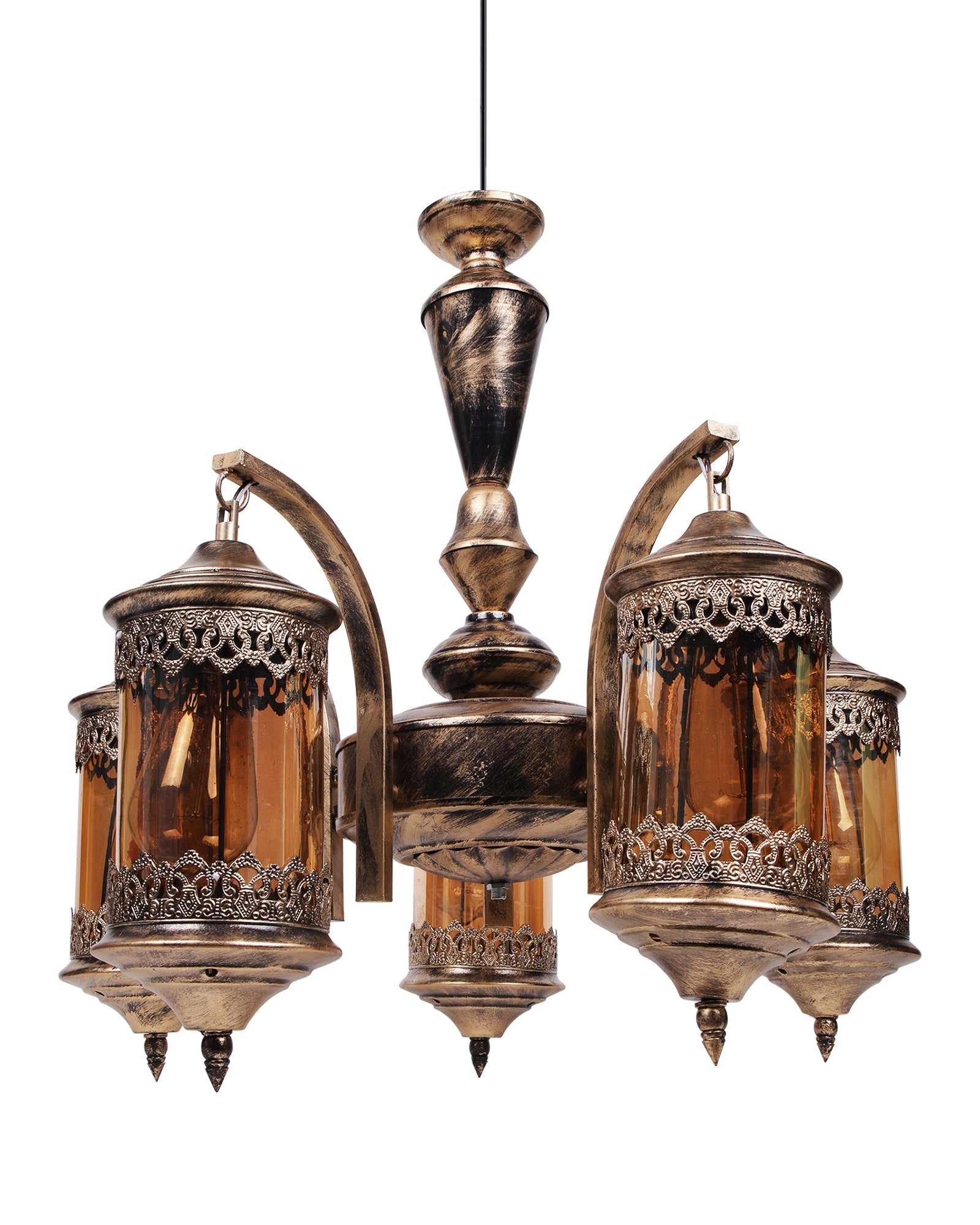5-Light Oil Rubbed Antique Bronze Vintage Edison Chandelier, Glass Metal Jhoomar, Carving Cylinder