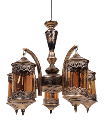 5-Light Oil Rubbed Antique Bronze Vintage Edison Chandelier, Glass Metal Jhoomar, Carving Cylinder