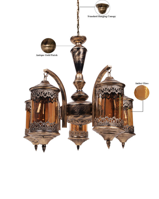 5-Light Oil Rubbed Antique Bronze Vintage Edison Chandelier, Glass Metal Jhoomar, Carving Cylinder