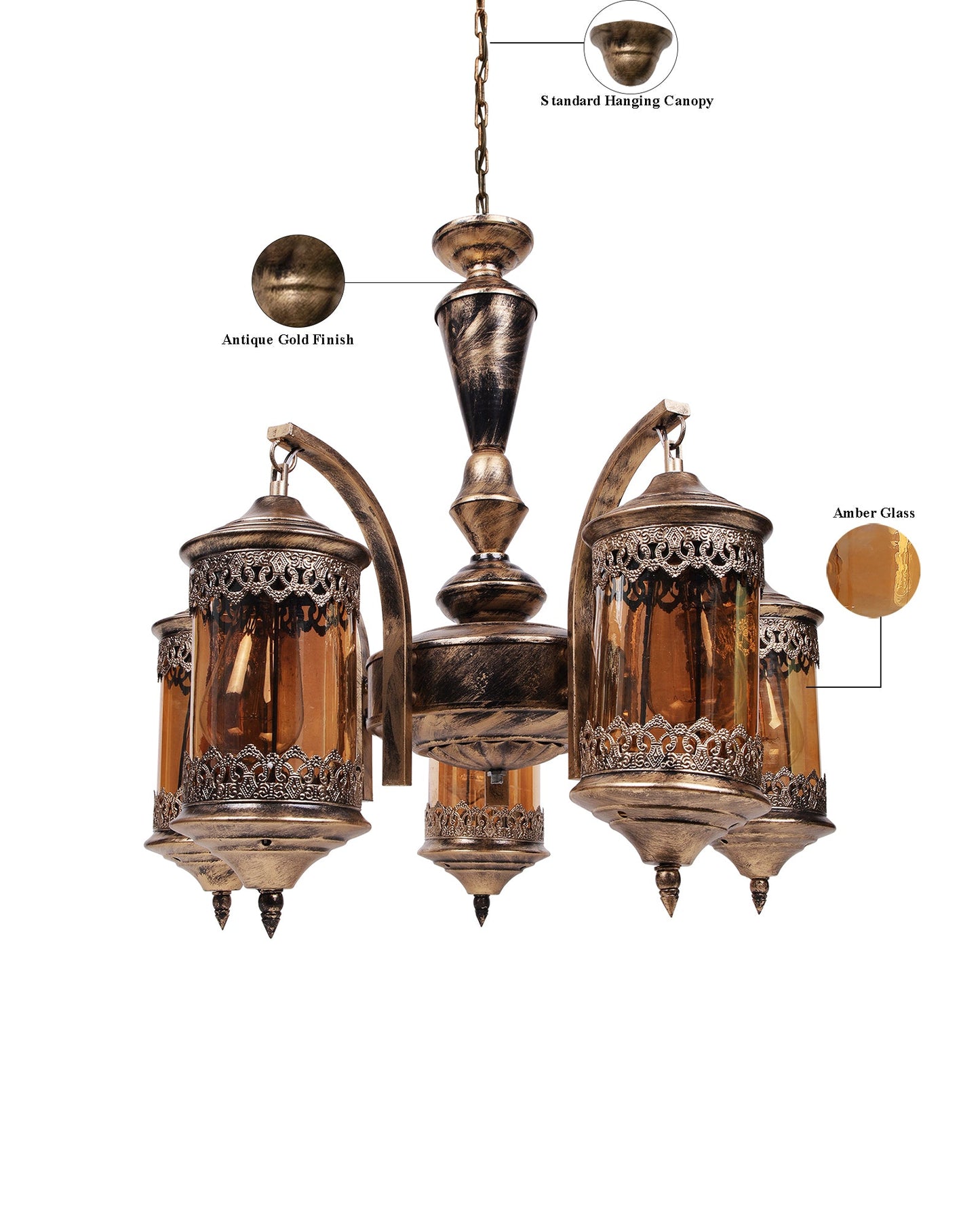 5-Light Oil Rubbed Antique Bronze Vintage Edison Chandelier, Glass Metal Jhoomar, Carving Cylinder