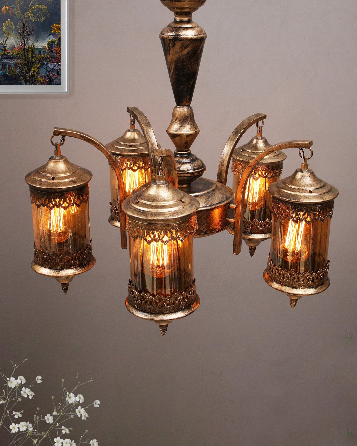 5-Light Oil Rubbed Antique Bronze Vintage Edison Chandelier, Glass Metal Jhoomar, Carving Cylinder