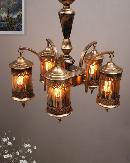 5-Light Oil Rubbed Antique Bronze Vintage Edison Chandelier, Glass Metal Jhoomar, Carving Cylinder