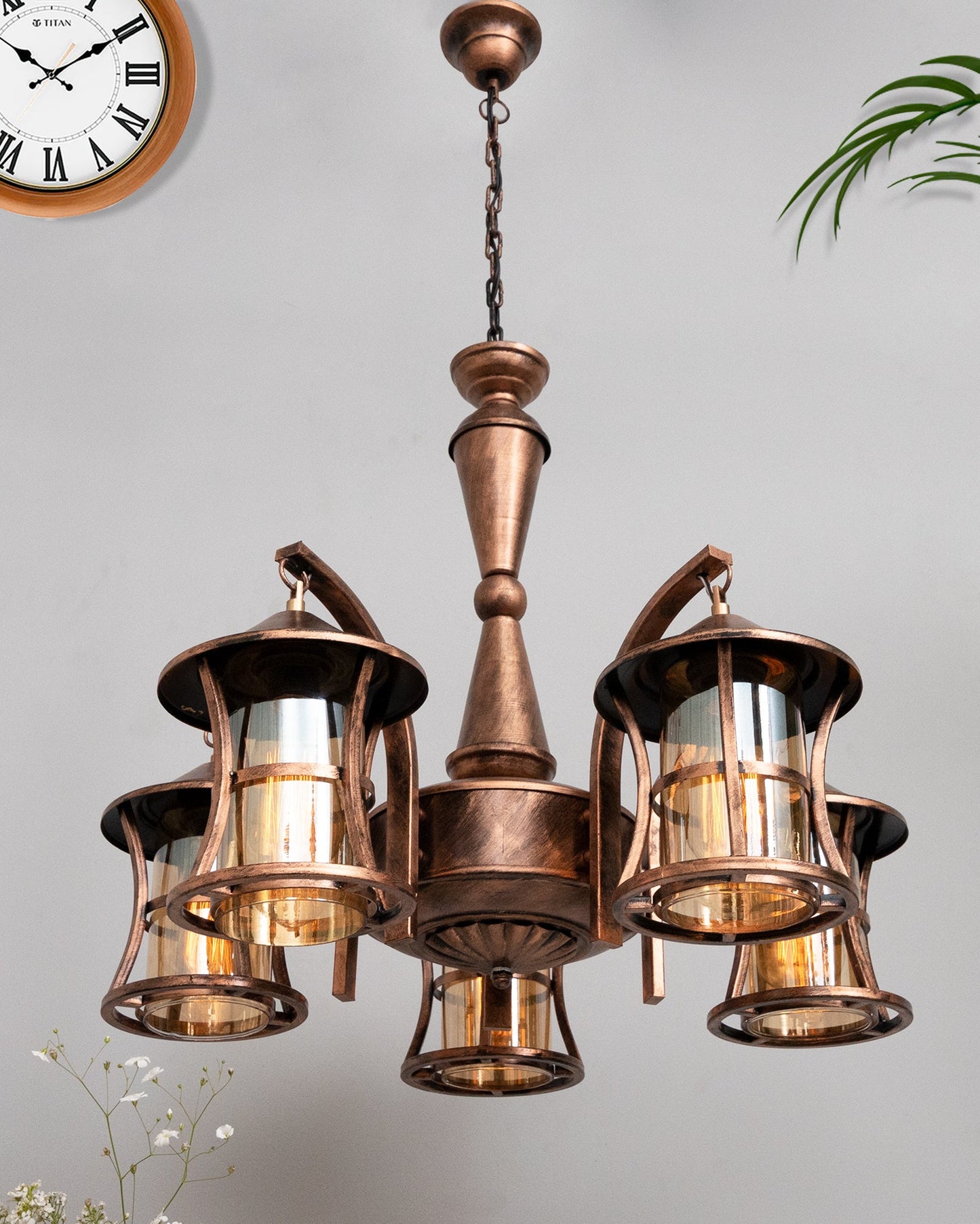 5-Light Oil Rubbed Antique Copper Rust Vintage Edison Chandelier, Glass Metal Jhoomar, Lantern