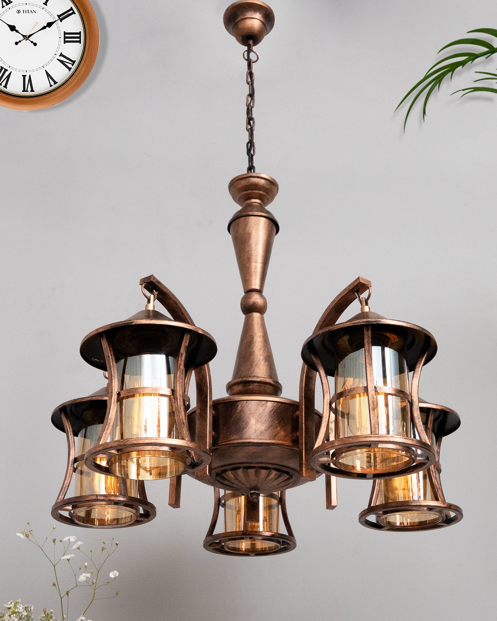 5-Light Oil Rubbed Antique Copper Rust Vintage Edison Chandelier, Glass Metal Jhoomar, Lantern