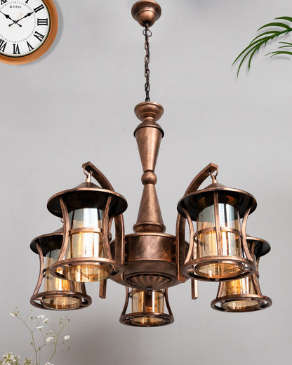 5-Light Oil Rubbed Antique Copper Rust Vintage Edison Chandelier, Glass Metal Jhoomar, Lantern
