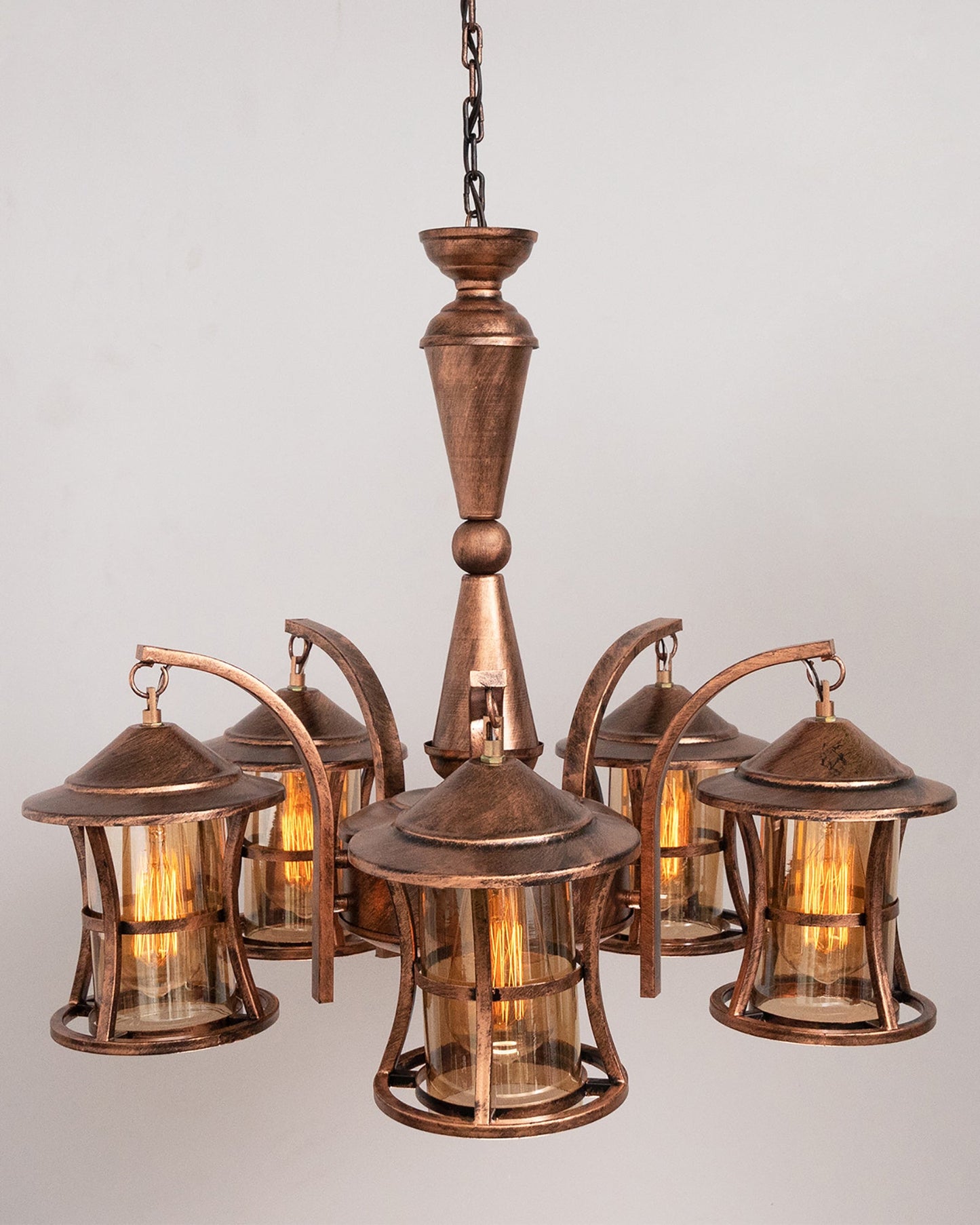 5-Light Oil Rubbed Antique Copper Rust Vintage Edison Chandelier, Glass Metal Jhoomar, Lantern