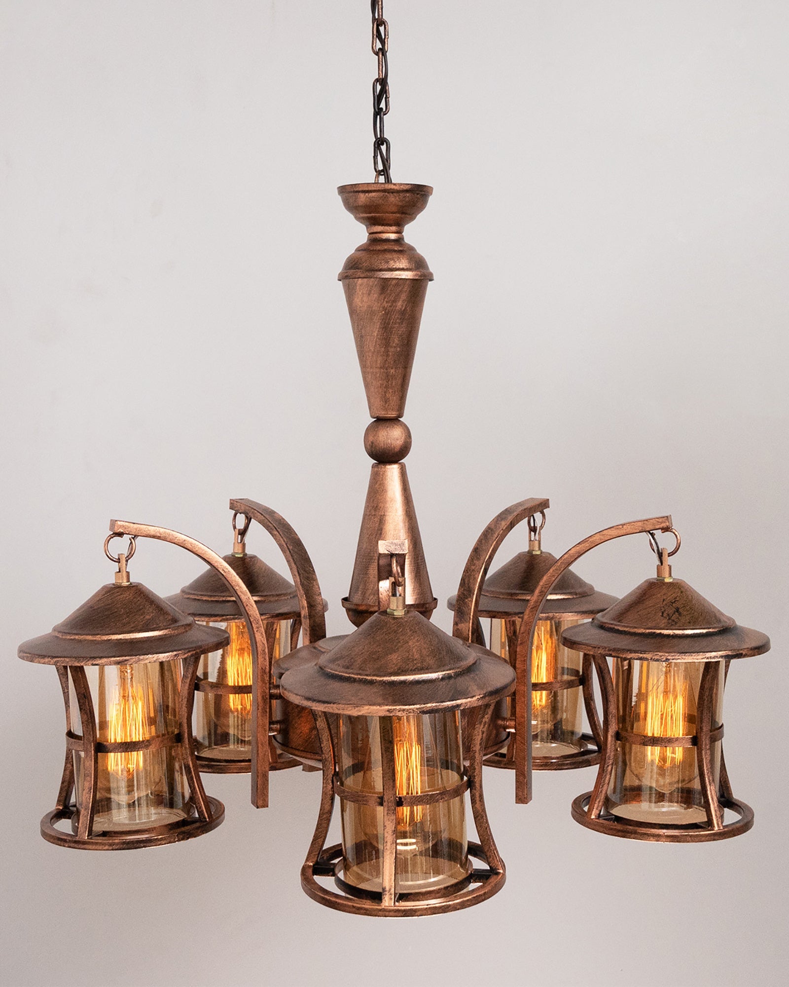 5-Light Oil Rubbed Antique Copper Rust Vintage Edison Chandelier, Glass Metal Jhoomar, Lantern