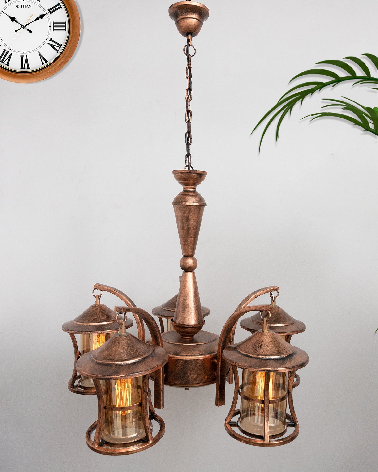 5-Light Oil Rubbed Antique Copper Rust Vintage Edison Chandelier, Glass Metal Jhoomar, Lantern