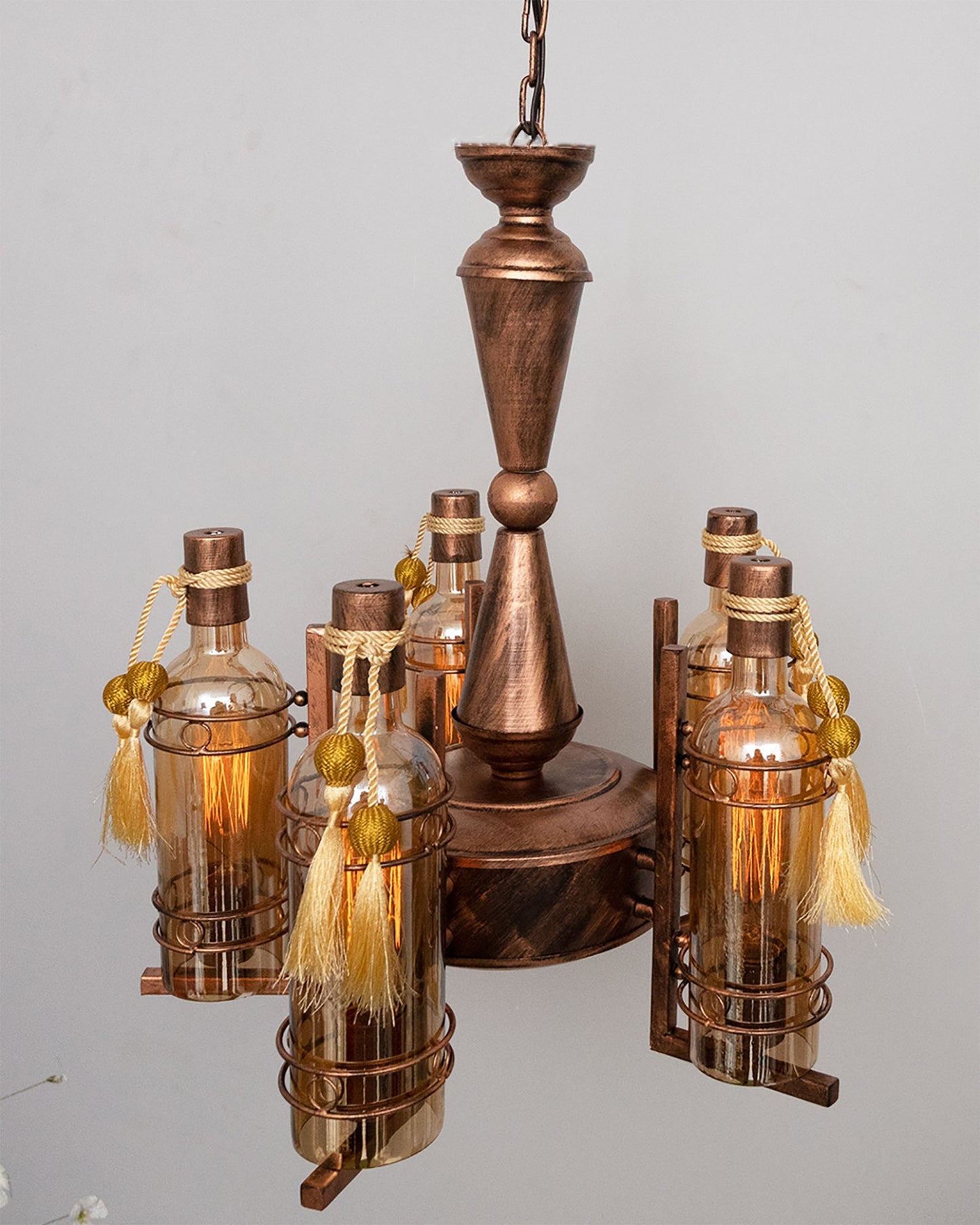 5-Light Oil Rubbed Antique Copper Rust Vintage Edison Chandelier, Glass Metal Jhoomar