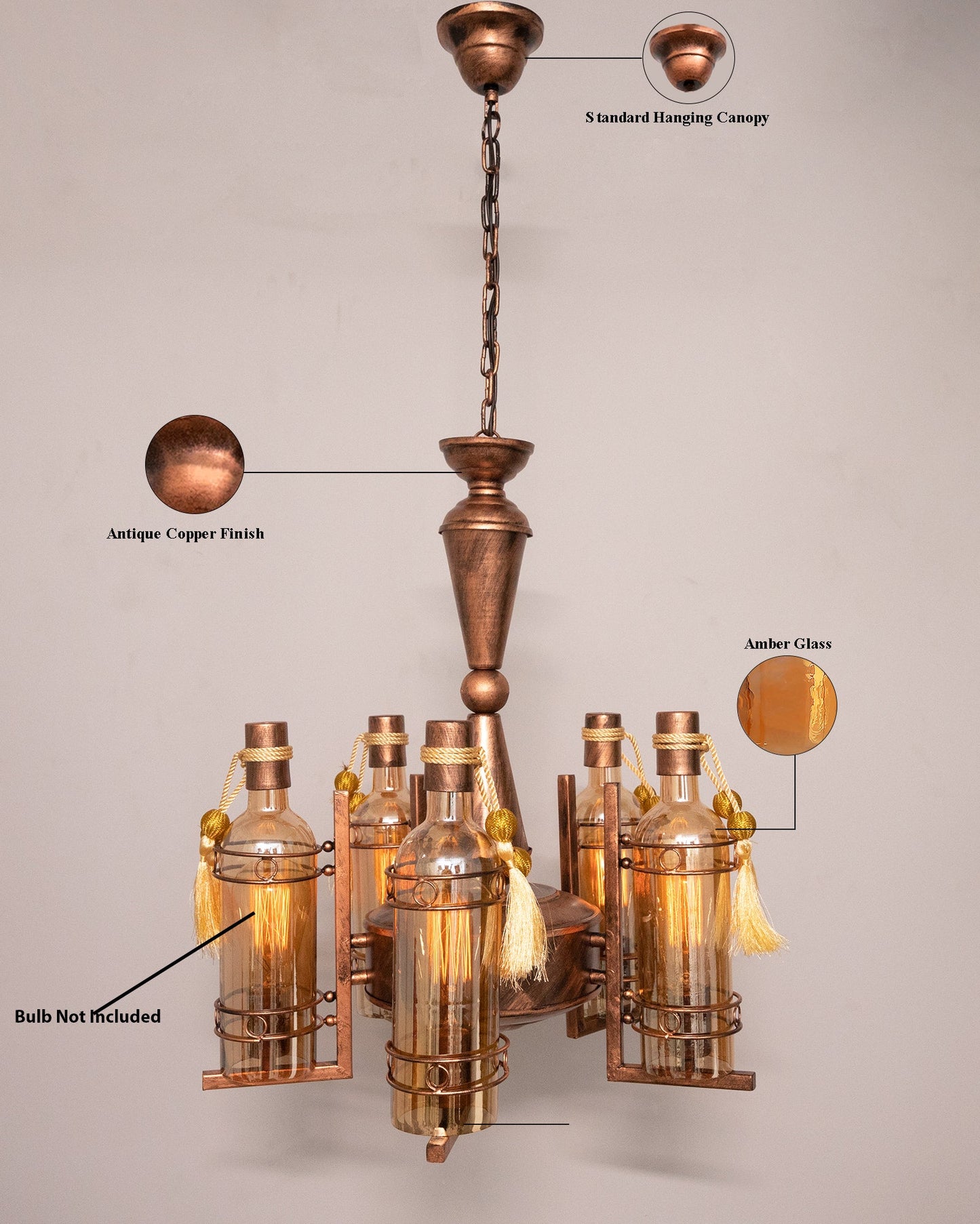 5-Light Oil Rubbed Antique Copper Rust Vintage Edison Chandelier, Glass Metal Jhoomar
