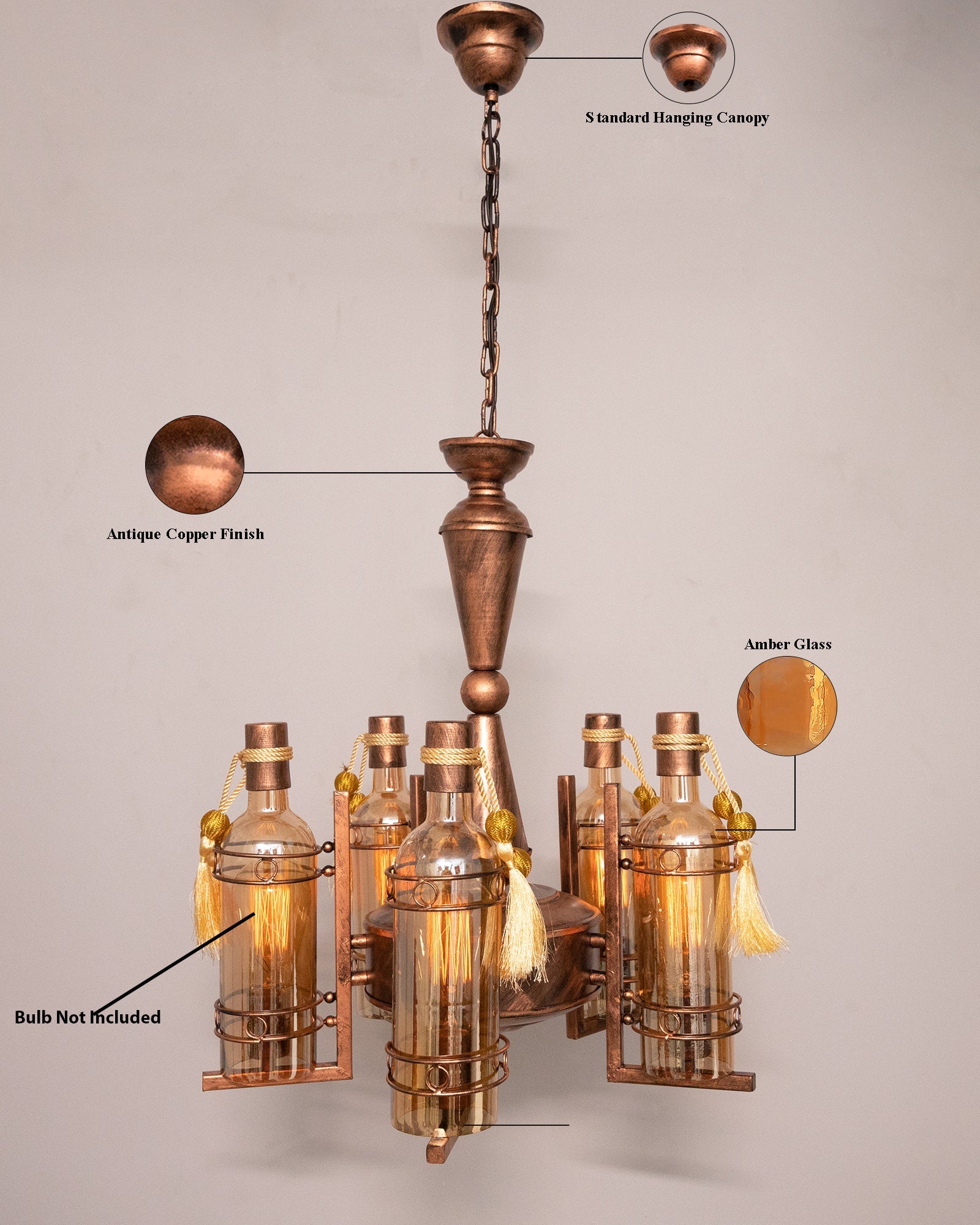 5-Light Oil Rubbed Antique Copper Rust Vintage Edison Chandelier, Glass Metal Jhoomar